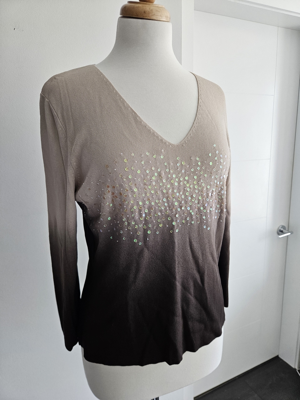 Ombre Sequin V-Neck Long-Sleeve Top - Beige to Brown